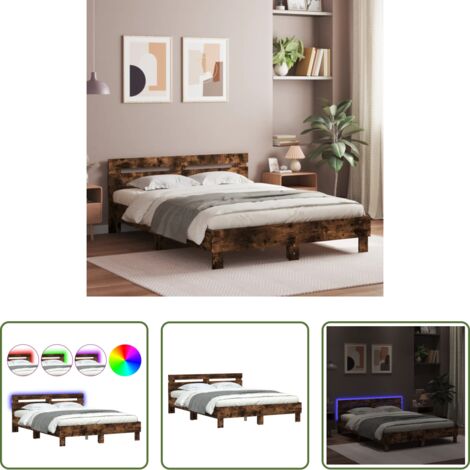 Estructura de cama -  Estructura de cama cabecero y luces LED roble ahumado 150x200cm
