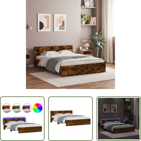 Estructura de cama -  Estructura de cama cabecero y luces LED roble ahumado 160x200cm