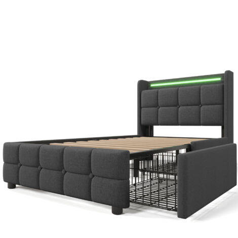 Estructura de cama gris de 90 x 200 cm con almacenaje, somier de láminas de madera, enchufes y puertos USB, cabecero con iluminación LED, apta para adolescentes y adultos (colchón no incluido).
