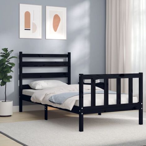 Estructura de cama individual con cabecero madera maciza negro
