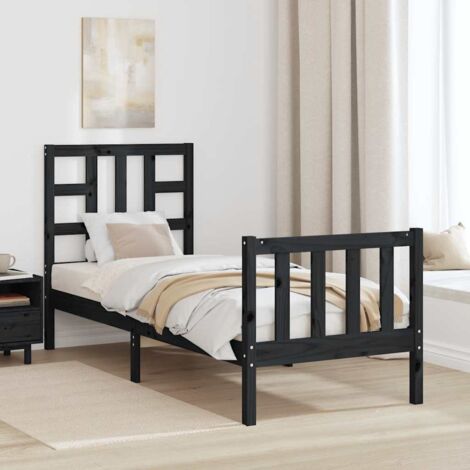 Estructura de cama individual con cabecero madera maciza negro