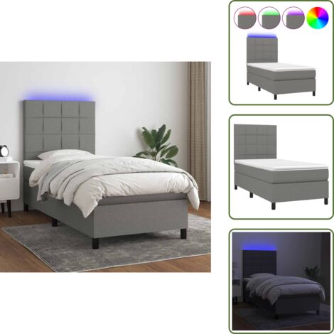 Estructura de cama industrial y Colchón, Cama para adulto,Cama box spring colchón y luces LED tela gris oscuro 80x200 cm -66346