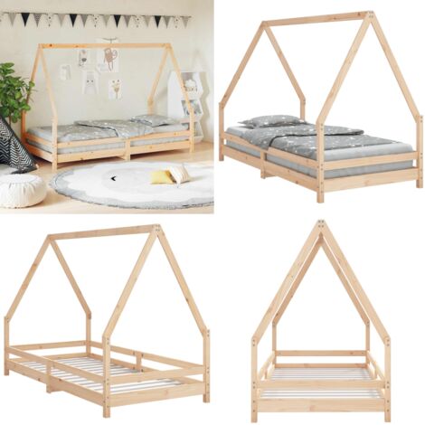 Estructura de cama infantil madera maciza de pino 90x190 cm - Cama de pino - Cama con forma de casa