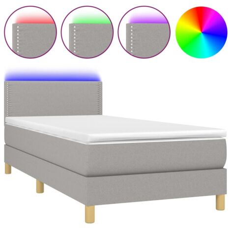 Estructura de cama LED con somier de láminas, cabecero, colchón 90x190cm, tela gris claro TDL0209466