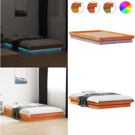 Estructura de cama LED madera maciza pino marrón cera 135x190cm - Estructura de cama - Luces LED