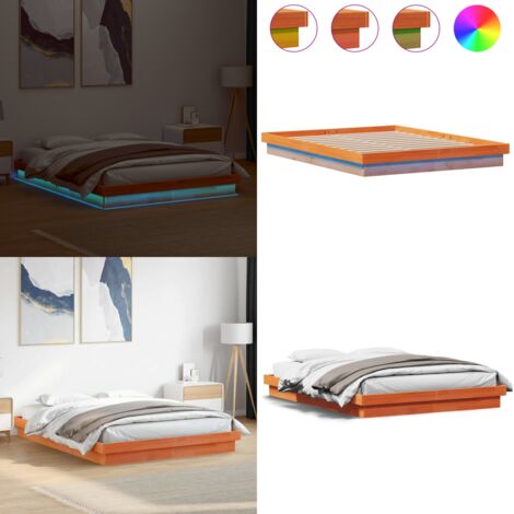 Estructura de cama LED madera maciza pino marrón cera 150x200cm - Estructura de cama - Luces LED