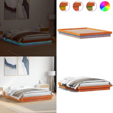 Estructura de cama LED madera maciza pino marrón cera 160x200cm - Estructura de cama - Luces LED