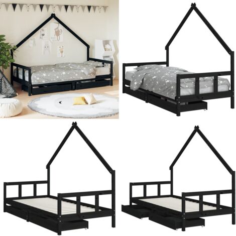 Estructura de cama niños con cajones madera pino negro 90x200cm - Cama de madera - Cama de pino