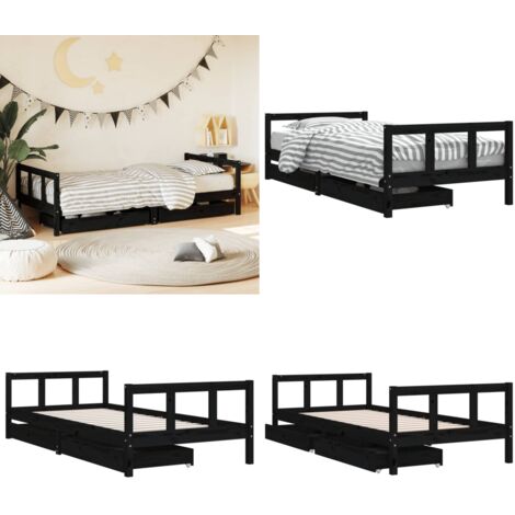 Estructura de cama niños con cajones madera pino negro 90x200cm - Estructura de cama - Cama de madera