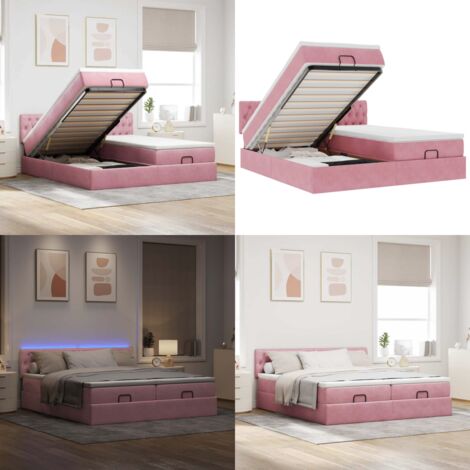 Estructura de cama otomana colchones terciopelo rosa 160x200cm - Colchón de muelles ensacados - Almacenamiento bajo la cama