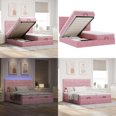 Estructura de cama otomana colchones terciopelo rosa 160x200cm - Colchón de muelles ensacados - Almacenamiento debajo de la cama