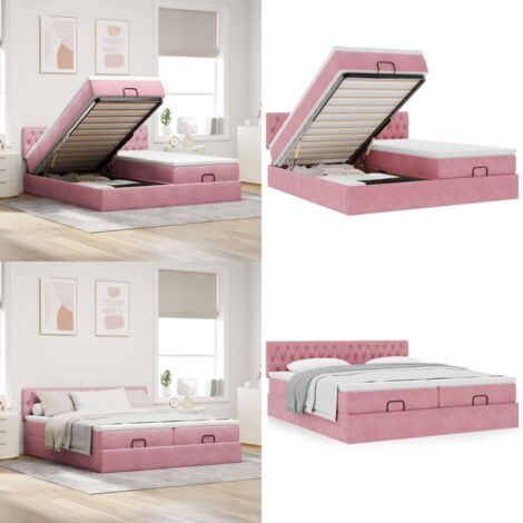 Estructura de cama otomana colchones terciopelo rosa 160x200cm - Colchón de muelles ensacados - Almacenamiento debajo de la cama
