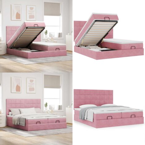 Estructura de cama otomana colchones terciopelo rosa 160x200cm - Colchón de muelles ensacados - Almacenamiento debajo de la cama