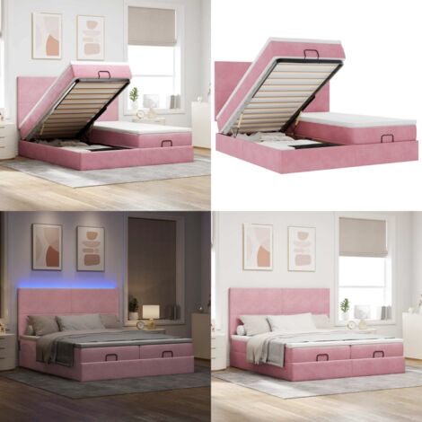 Estructura de cama otomana colchones terciopelo rosa 160x200cm - Colchón de muelles ensacados - Almacenamiento debajo de la cama