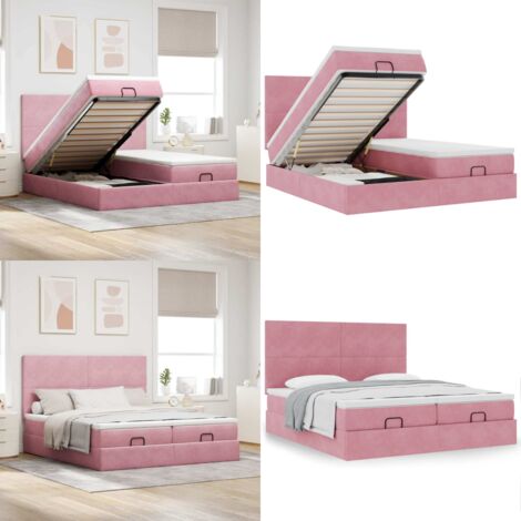 Estructura de cama otomana colchones terciopelo rosa 160x200cm - Colchón de muelles ensacados - Almacenamiento debajo de la cama