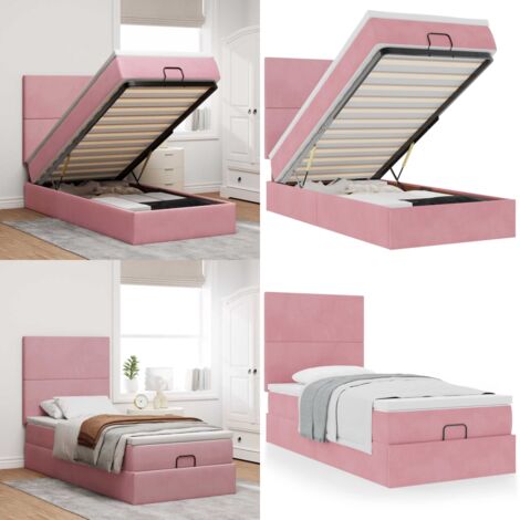 Estructura de cama otomana colchones terciopelo rosa 90x200cm - Colchón de muelles ensacados - Almacenamiento debajo de la cama