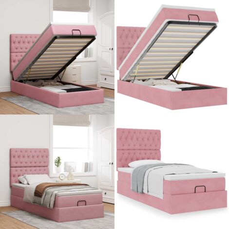 Estructura de cama otomana colchones terciopelo rosa 90x200cm - Colchón de muelles ensacados - Almacenamiento debajo de la cama