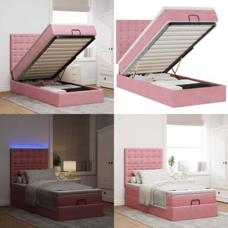 Estructura de cama otomana colchones terciopelo rosa 90x200cm - Colchón de muelles ensacados - Almacenamiento debajo de la cama