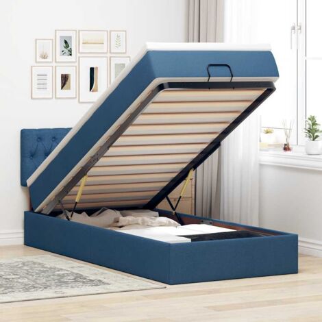 Estructura de cama otomana con colchón tela azul 90x190 cm