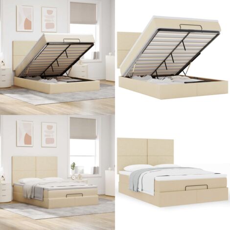 Estructura de cama otomana con colchón tela crema 140x200cm - Colchón de muelles ensacados - Almacenamiento debajo de la cama