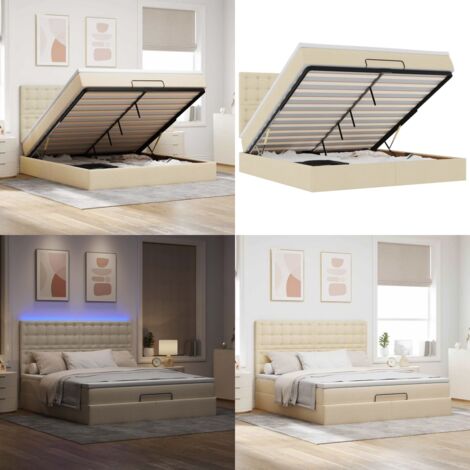 Estructura de cama otomana con colchón tela crema 160x200cm - Colchón de muelles - Almacenamiento bajo cama