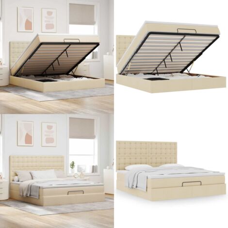 Estructura de cama otomana con colchón tela crema 160x200cm - Colchón de muelles - Almacenamiento debajo de la cama