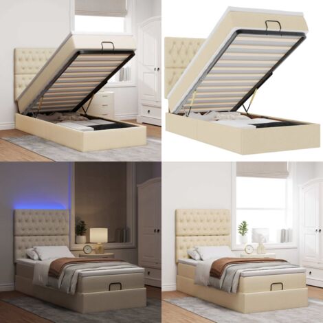 Estructura de cama otomana con colchón tela crema 90x190cm - Colchón de muelles ensacados - Almacenamiento debajo de la cama
