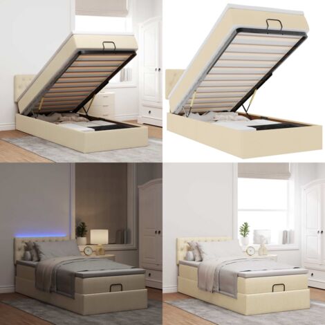 Estructura de cama otomana con colchón tela crema 90x190cm - Colchón de muelles ensacados - Almacenamiento debajo de la cama