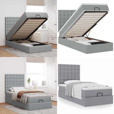 Estructura de cama otomana con colchón tela gris claro 80x200cm - Colchón de muelles ensacados - Almacenamiento debajo de la cama