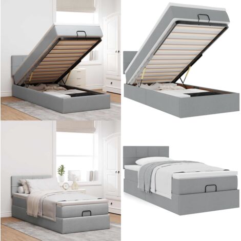 Estructura de cama otomana con colchón tela gris claro 80x200cm - Colchón de muelles ensacados - Almacenamiento debajo de la cama