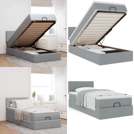 Estructura de cama otomana con colchón tela gris claro 80x200cm - Colchón de muelles ensacados - Almacenamiento debajo de la cama