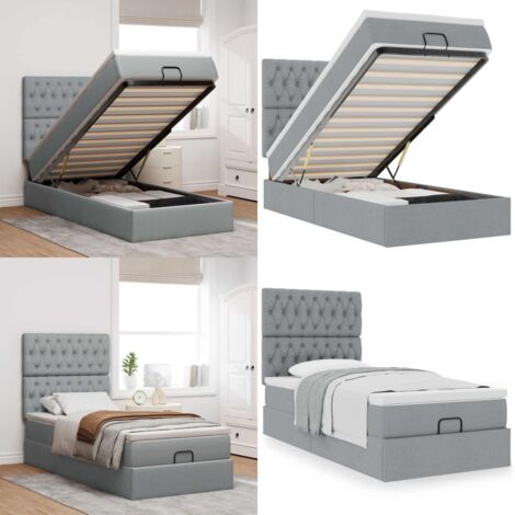 Estructura de cama otomana con colchón tela gris claro 80x200cm - Colchón de muelles ensacados - Almacenamiento debajo de la cama