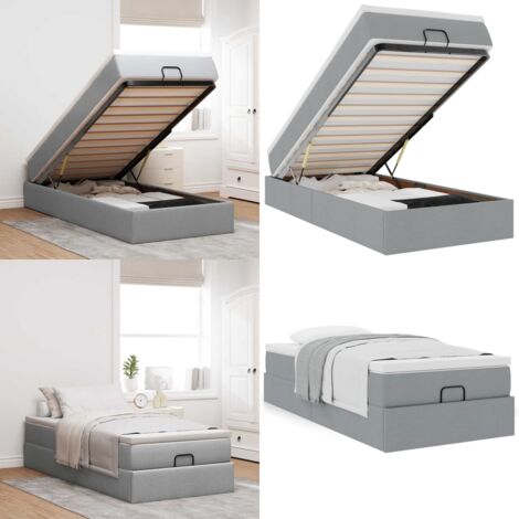 Estructura de cama otomana con colchón tela gris claro 90x190cm - Colchón de muelles - Almacenamiento debajo de la cama
