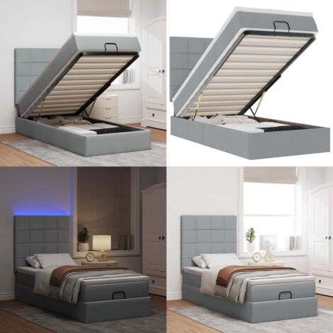 Estructura de cama otomana con colchón tela gris claro 90x190cm - Colchón de muelles ensacados - Almacenamiento debajo de la cama