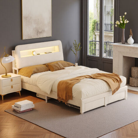 Estructura de cama para adolescentes 160 x 200 cm - Terciopelo beige - USB y LED - 2 cajones - Somier de 12 láminas - Cama 160 x 200 cm