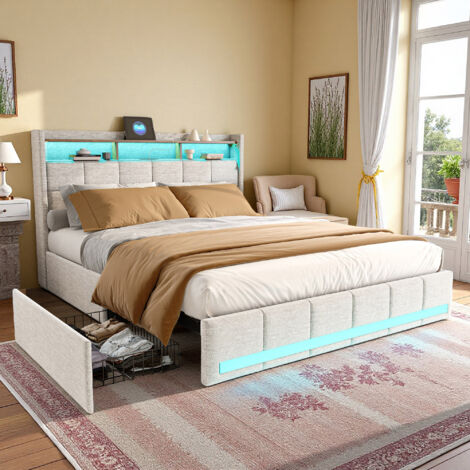 Estructura de cama para adultos 140 x 200 cm con cajones - LED - Lino beige y USB/Tipo C - Cama cómoda para adolescentes
