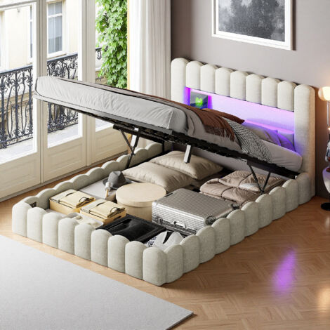Estructura de cama para adultos 140x200 cm - Lino beige - USB y LED - hidráulico - Somier