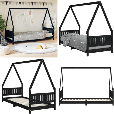 Estructura de cama para niños madera de pino negro 80x200 cm - Cama de madera - Cama de pino