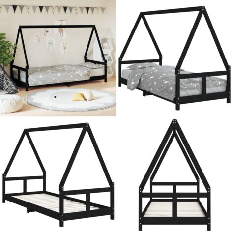 Estructura de cama para niños madera de pino negro 80x200 cm - Cama de madera - Cama de pino