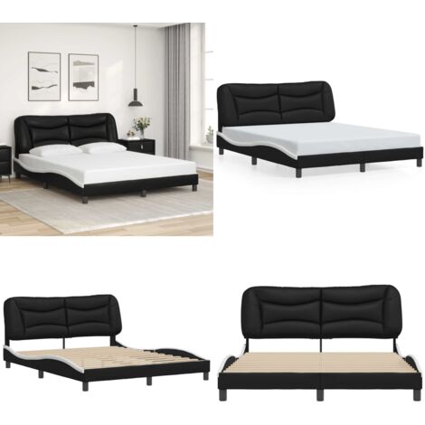 Estructura de cama sin colchón Hvar cuero sintético negro blanco 160x200cm - Cabecero de cama - Cama con cabecero