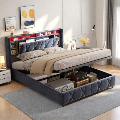 Estructura de cama tapizada, 160 x 200 cm, con elevación hidráulica, camas con canapé, cabecero con compartimento de almacenamiento, puerto de carga, terciopelo, gris