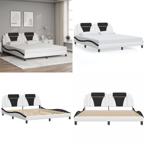 Estructura de cama Viana sin colchón cuero sintético blanco y negro - Estructura de cama - Cama con cabecero y cojín