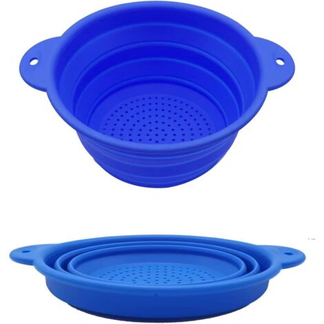 Estrusore da cucina in silicone alimentare, lavabile in lavastoviglie, pieghevole e sicuro, con manico in plastica, ideale per scolare pasta, verdura e frutta, 2 pezzi (ciotola piccola blu, ciotola gr