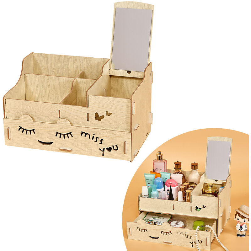 

Estuche organizador de maquillaje de madera con espejo Soporte de almacenamiento de multiples ranuras de escritorio para suministros cosmeticos