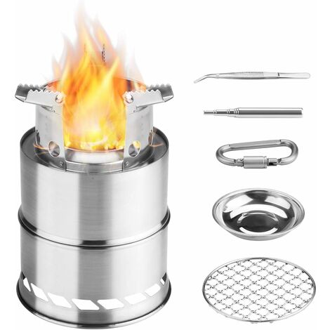 Estufa de camping, estufa de madera inoxidable portátil pequeña y plegable para barbacoa, senderismo, camping, picnic con malla de barbacoa y cuenco de licor
