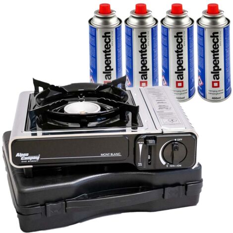 Estufa de gas ACERO INOXIDABLE 2200W MONT BLANC ALPEN + 4 cartuchos de gas 250gr Camping Terraza Obra