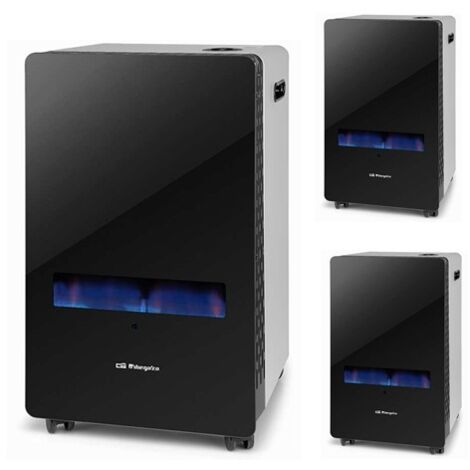 Estufa de gas llama azul Orbegozo. Frontal de cristal templado. Potencia máxima 3.800 W. Apta para gas butano y propano.