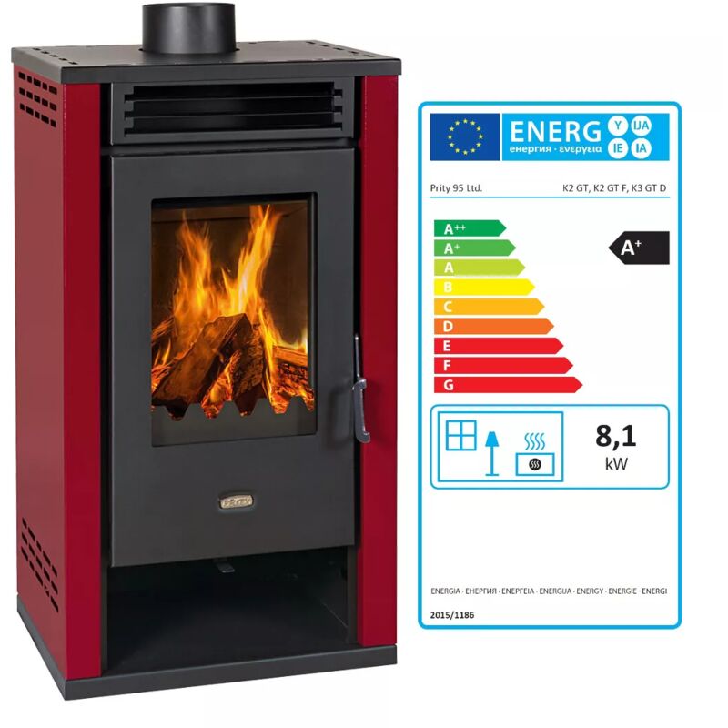 

Estufa de Leña moderna con lados en color rojo 8.1kW Modelo Prity K2 GT