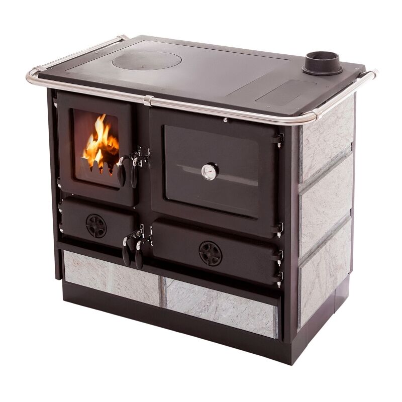 

Cocina de leña 12kW con horno y placa de hierro fundido, en acero esmaltado negro