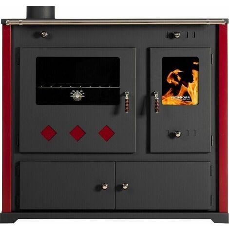 PROMETEY Estufa de leña Practik lux Eco, placa superior de hierro fundido, salida de humos a la izquierda